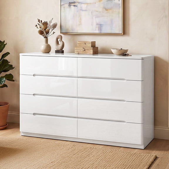 NIUEJOI 8 Drawer White Double Dresser, 47.2" Modern Glossy Chest of Drawers for Bedroom, Living Room