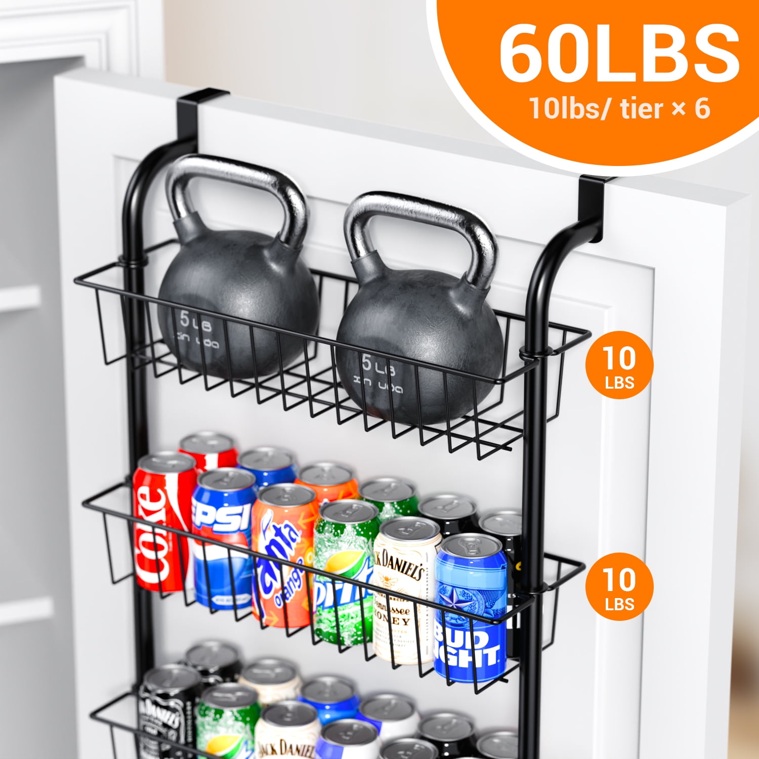 FOUKUS Over the Door Pantry Organizer: 6 Tier Stainless Steel Kitchen Organizers and Storage, Hanging Spice Rack, Easy to Install - Black