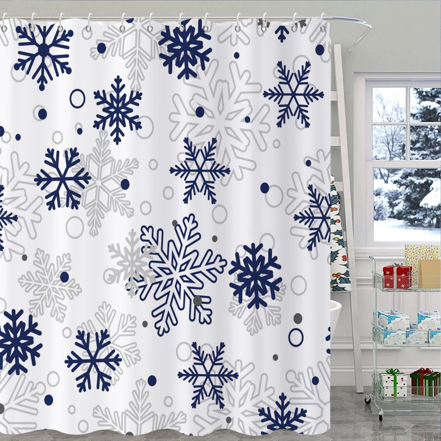 Christmas Shower Curtain, Blue Xmas Snowflake White Background Winter New Year Holiday Bathroom Curtain Waterproof Fabric Machine Washable with Hooks, 72" Wx84 L