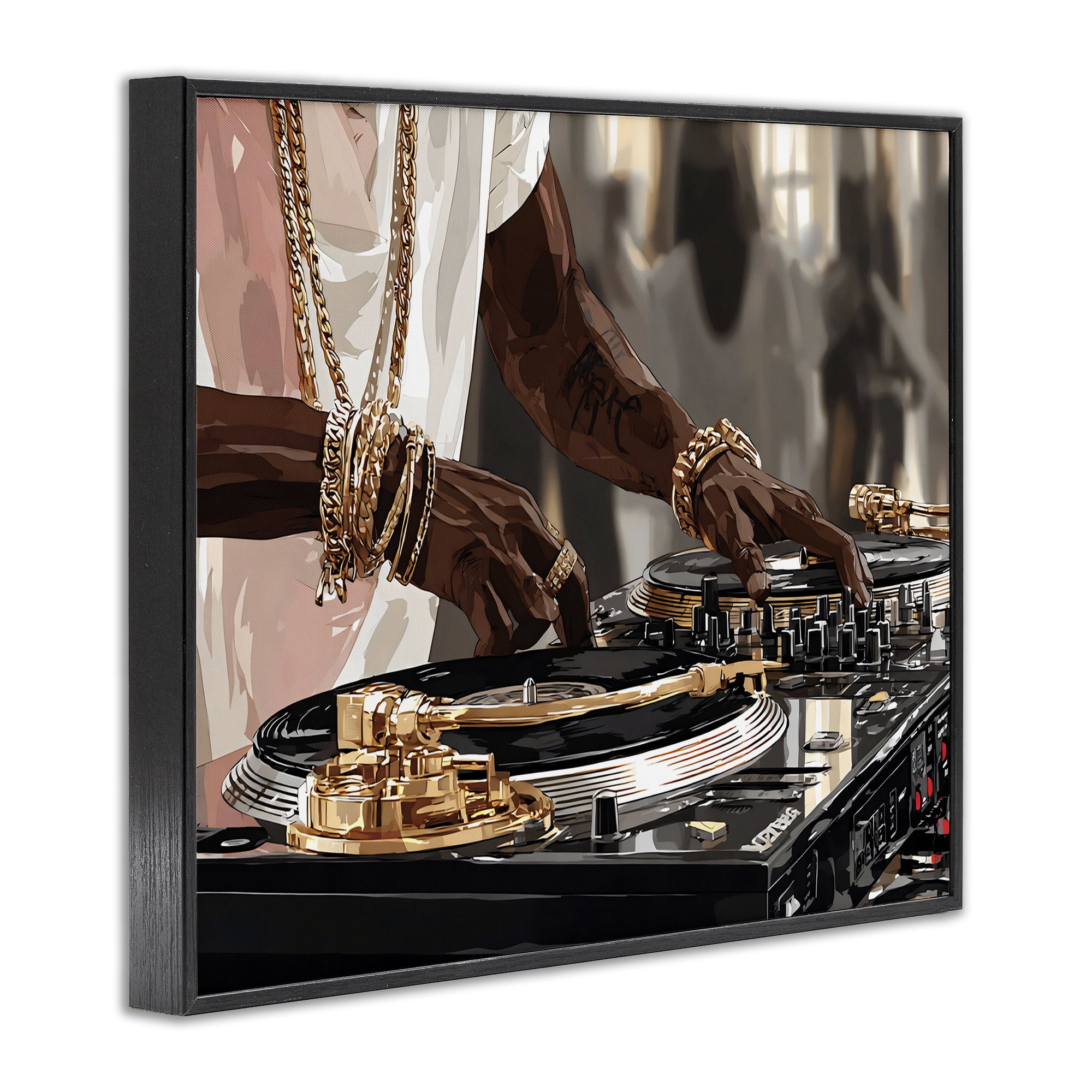 Stupell Industries Golden Sound DJ Turntables Black Framed Giclee Art, design by Franklyn Gregory