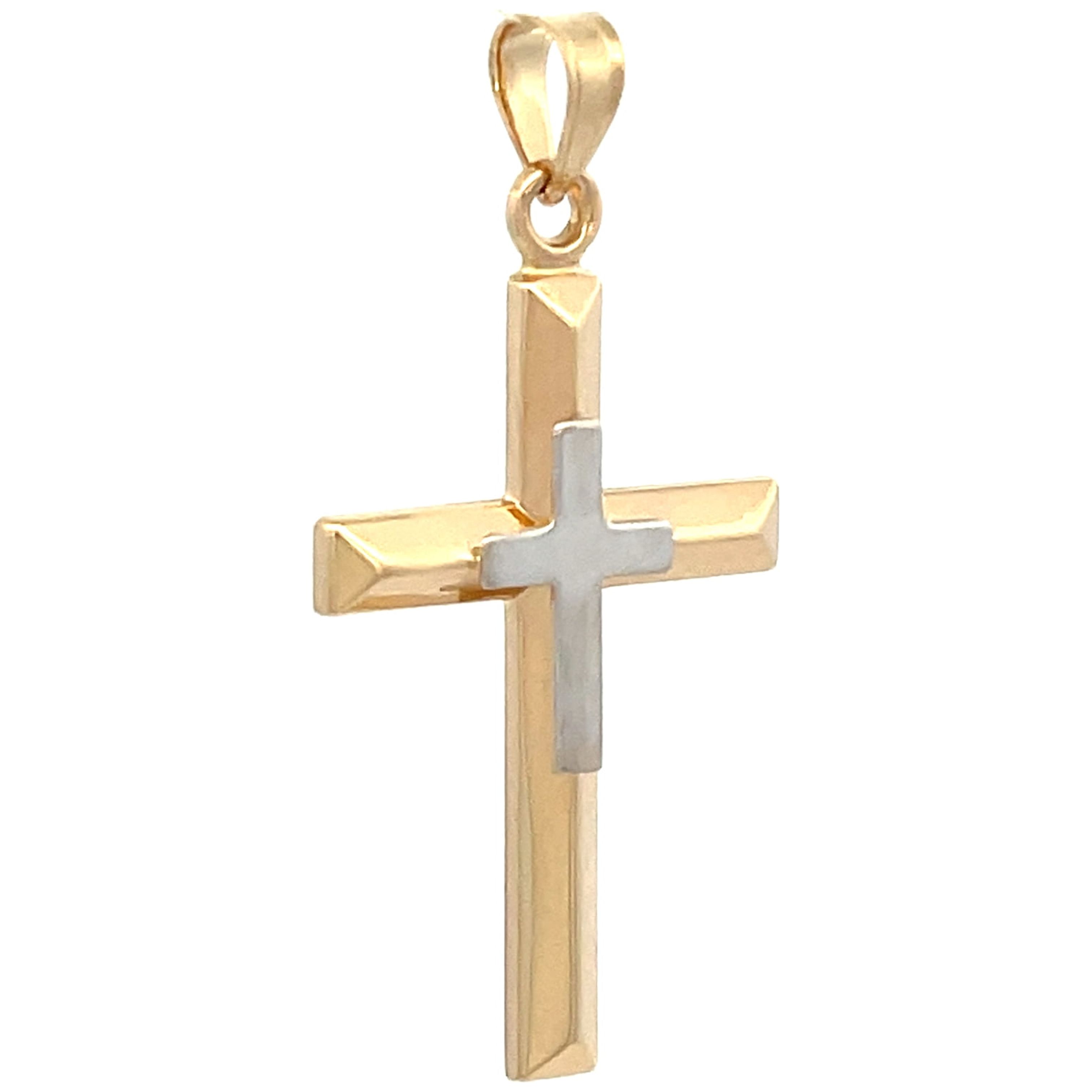 Brilliance Fine Jewelry 14 KT Two Tone Cross with Cross Design Religious Pendant, 14KT Yellow Gold Cross with 14KT White Gold Cross Accent