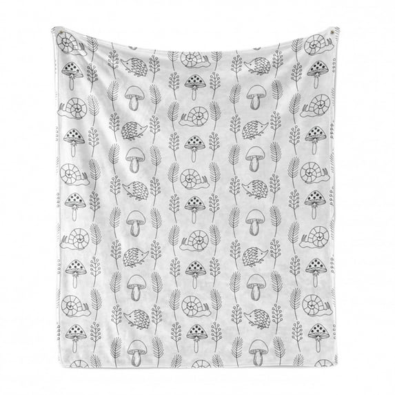 Animal Soft Flannel Fleece Throw Blanket, Monochrome Print of Mollusk Sketch Snail Mushroom and Herbs Illustration, Cozy Plush for Indoor and Outdoor Use, 60" x 80", White Charcoal Grey, by Ambesonne
