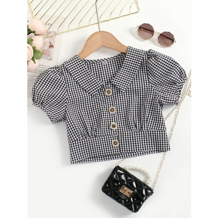

Short Sleeve Girls Gingham Print Puff Sleeve Blouse S221904X Black and White 130(7-8Y)