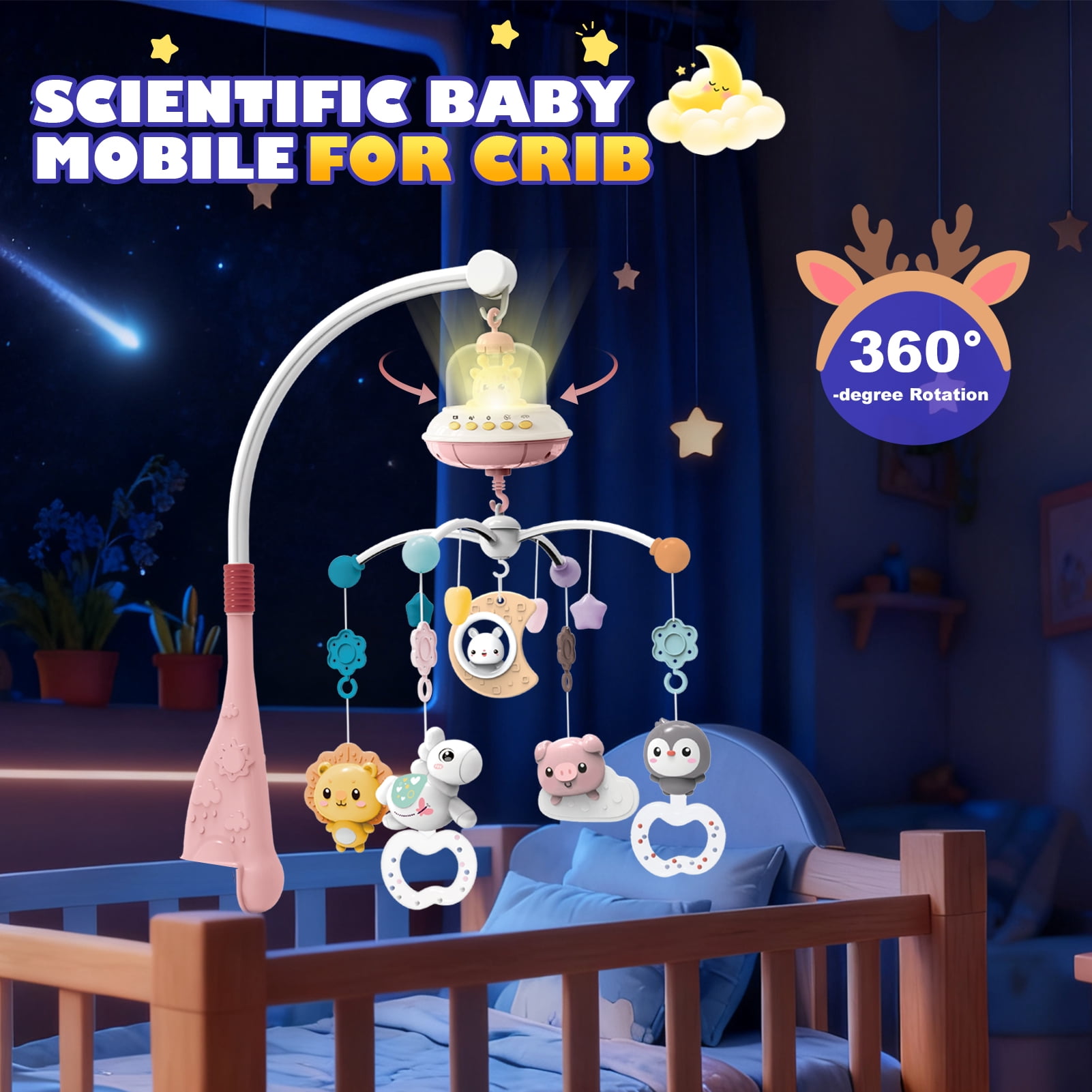 Sunforu Remote Control Crib Mobile with Music & Rotating Star Light Projector, Detachable Hanging Animal Toys for Newborn Baby Girls & Boys Nursery Decor