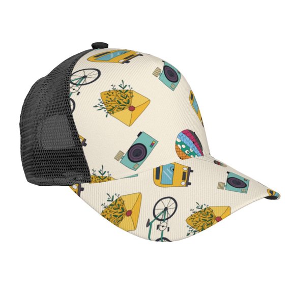 Lsque Travel Elements Printed Trucker Hat - Baseball Cap for Men Women - Breathable Mesh Side, Adjustable Fit - for Casual Wear