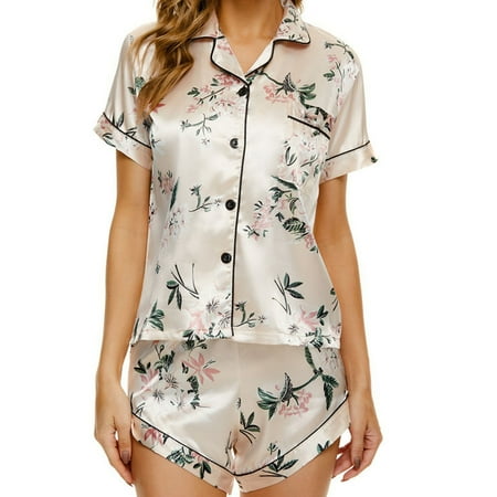 

Button Up Pajamas for Women Summer Short-sleeve V-neck Top Shorts Solid Color Pajamas Suit Sets Ladies Sleepwear (Medium White)