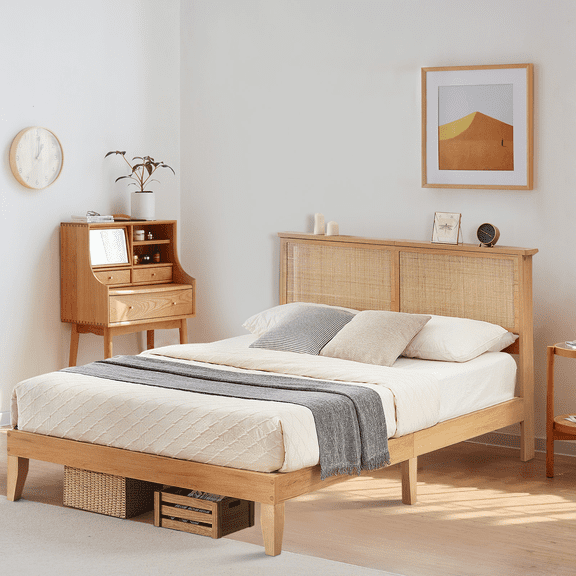COZONY King Size Rattan Bed Frame W/ LED Lights, Natural Headboard, Silent Slats, Wood Foundation, No Box Spring