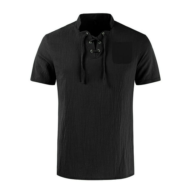 Leutsin Men's Drawstring Solid Color Cotton And Linen Short Sleeve T-shirt Tops