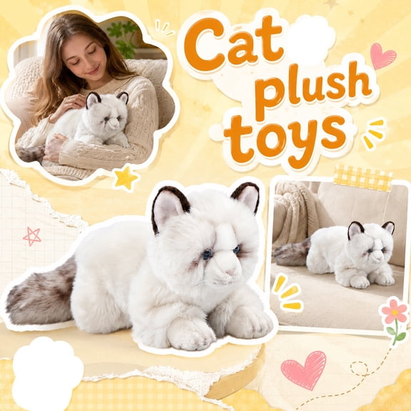 Realistic Cat Plush Toy Soft Ragdoll Kitten Stuffed Animal Lifelike White Cat Doll for Home Decor Birthday Gift for Kids and Adults 18.9 Inch White