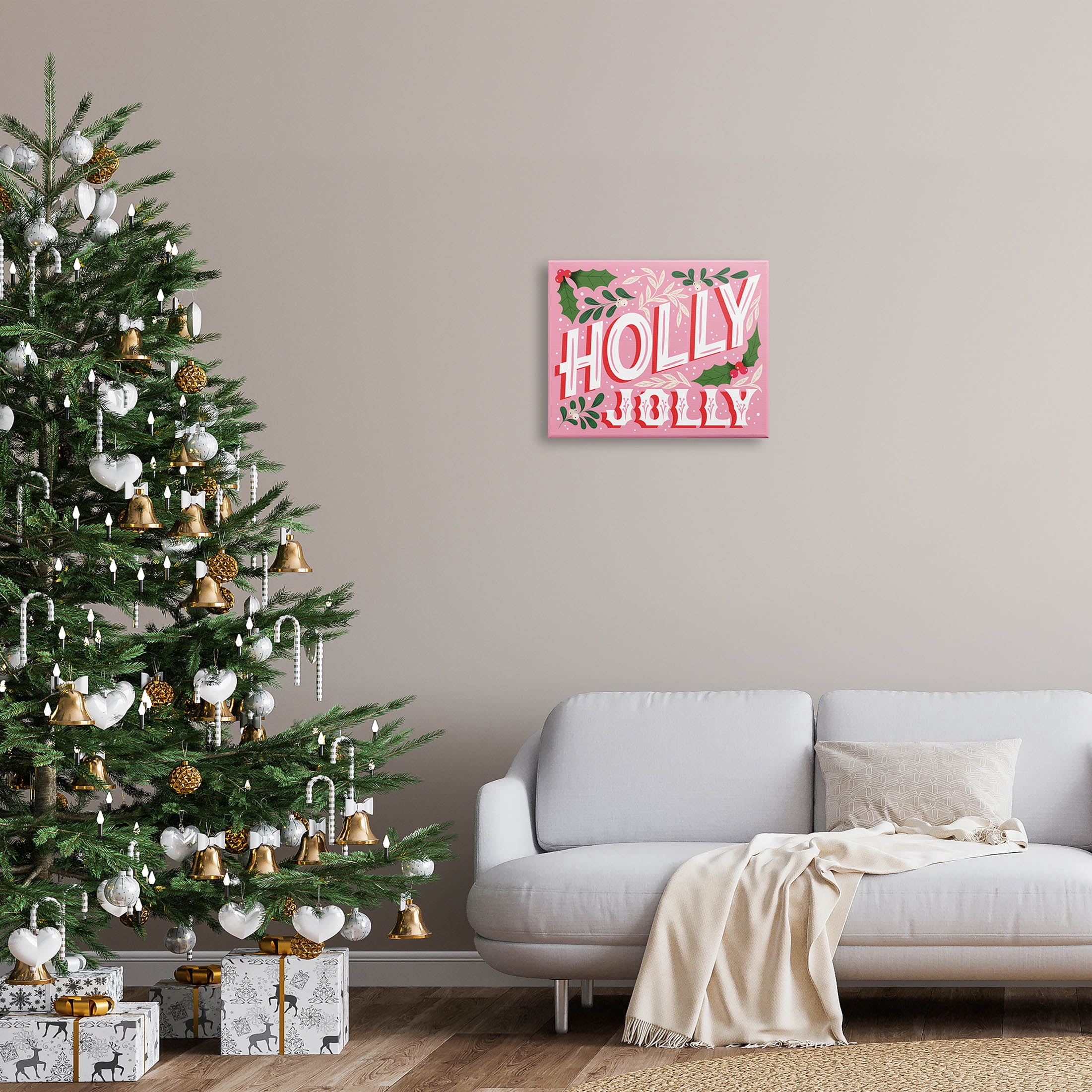Stupell Industries Bold Pink Holly Jolly Phrase Graphic Art Gallery Wrapped Canvas Print Wall Art, Design by The Saturday Evening Post