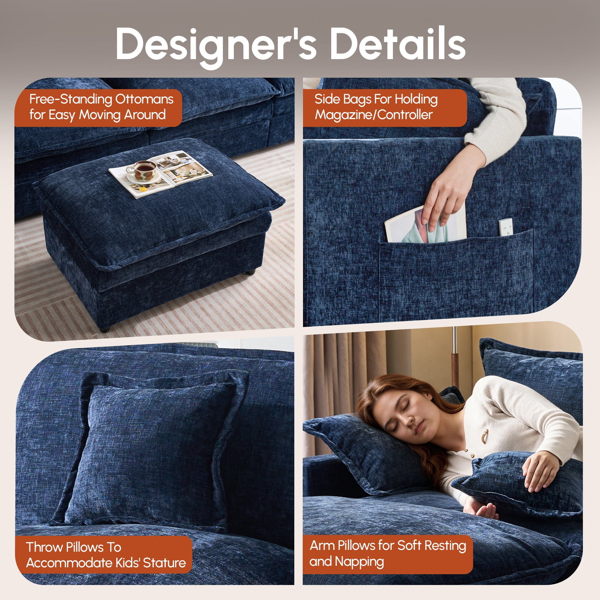Ovios 108" Modular Sectional Sofa U-Shaped Cloud Couch with 2 Ottomans, Comfy Living Room Furniture, Chenille, Dark Blue