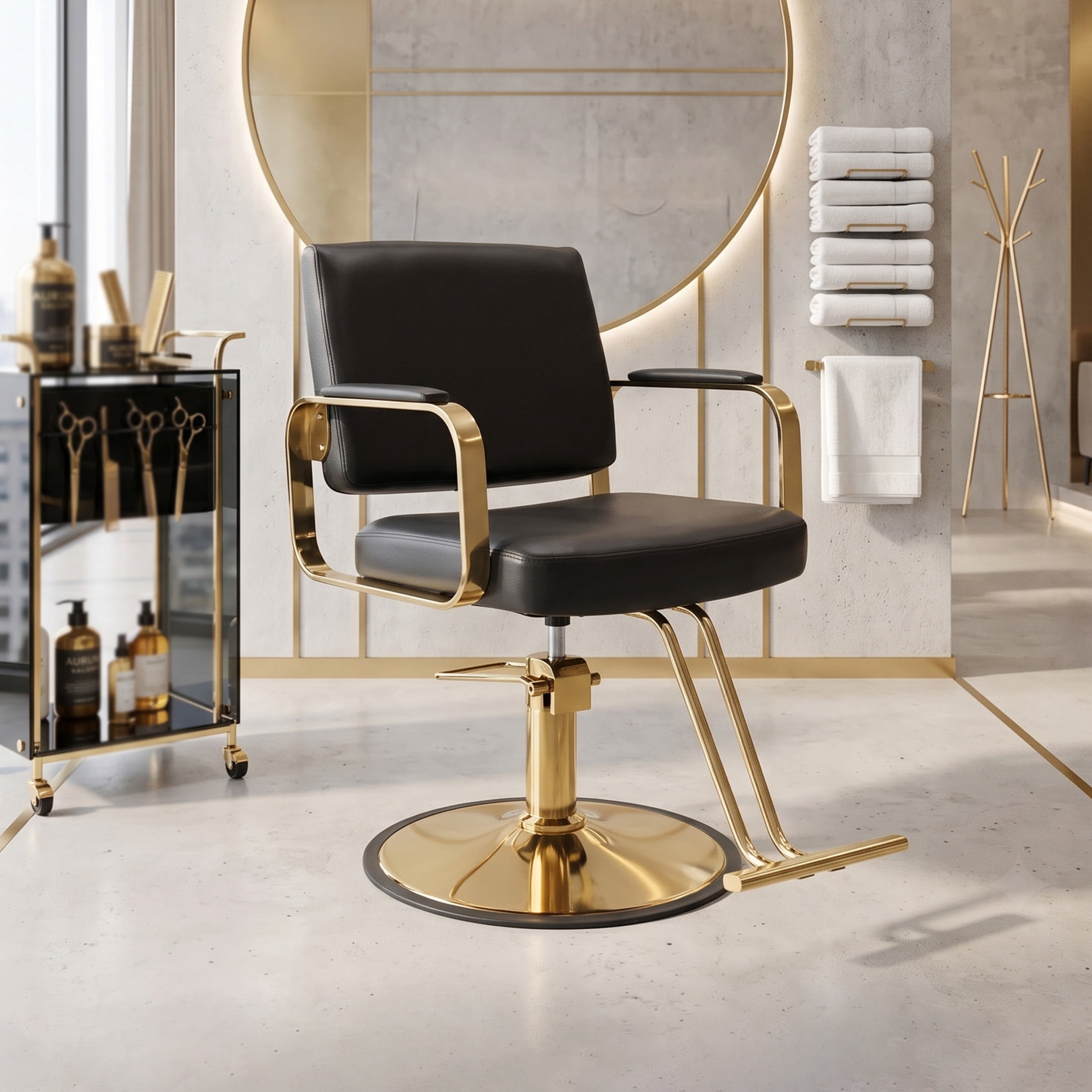 Noble House 360° Swivel Salon Styling Chair with Footrest, Adjustable Height, Black + Gold