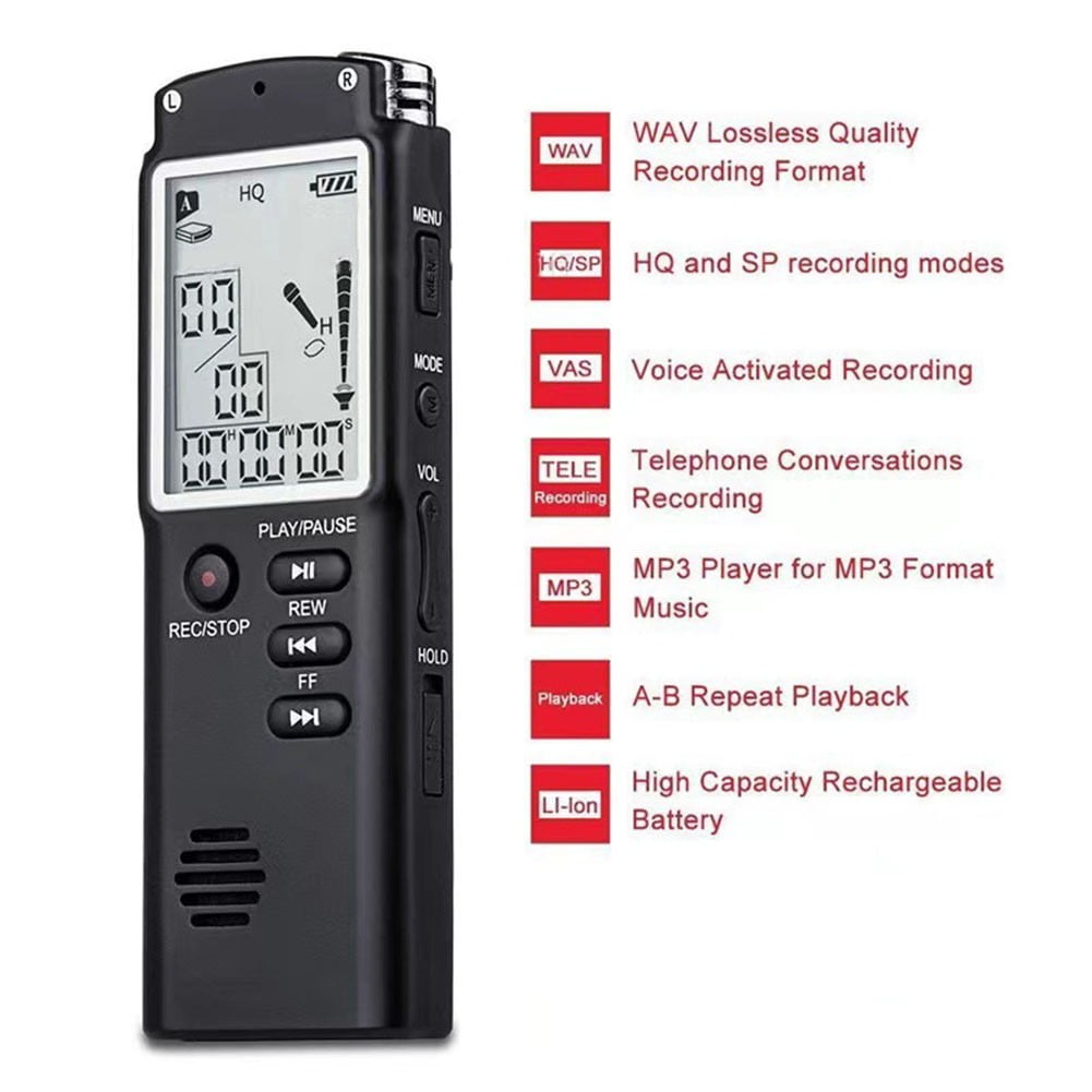 Professional Digital Voice Recorder MP3 Player 8GB/16GB/32GB Storage USB Dictaphone WAV Format Compact Portable Audio Recording Device Easy to Use Black