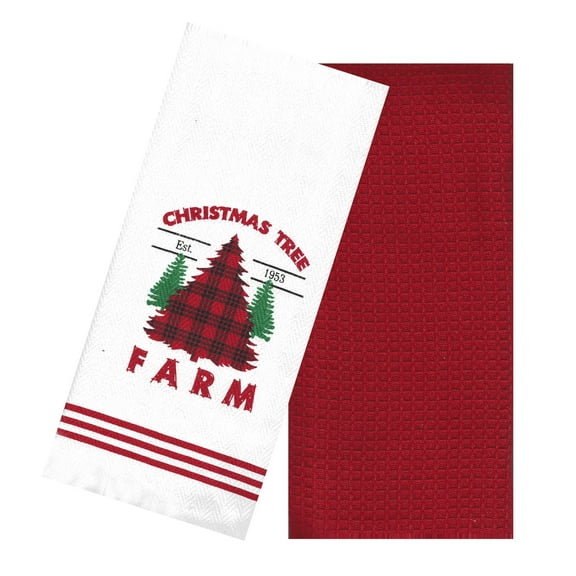 Nidico 2-Piece Christmas Towels, Tree Farm White Woven and Solid Red Waffle