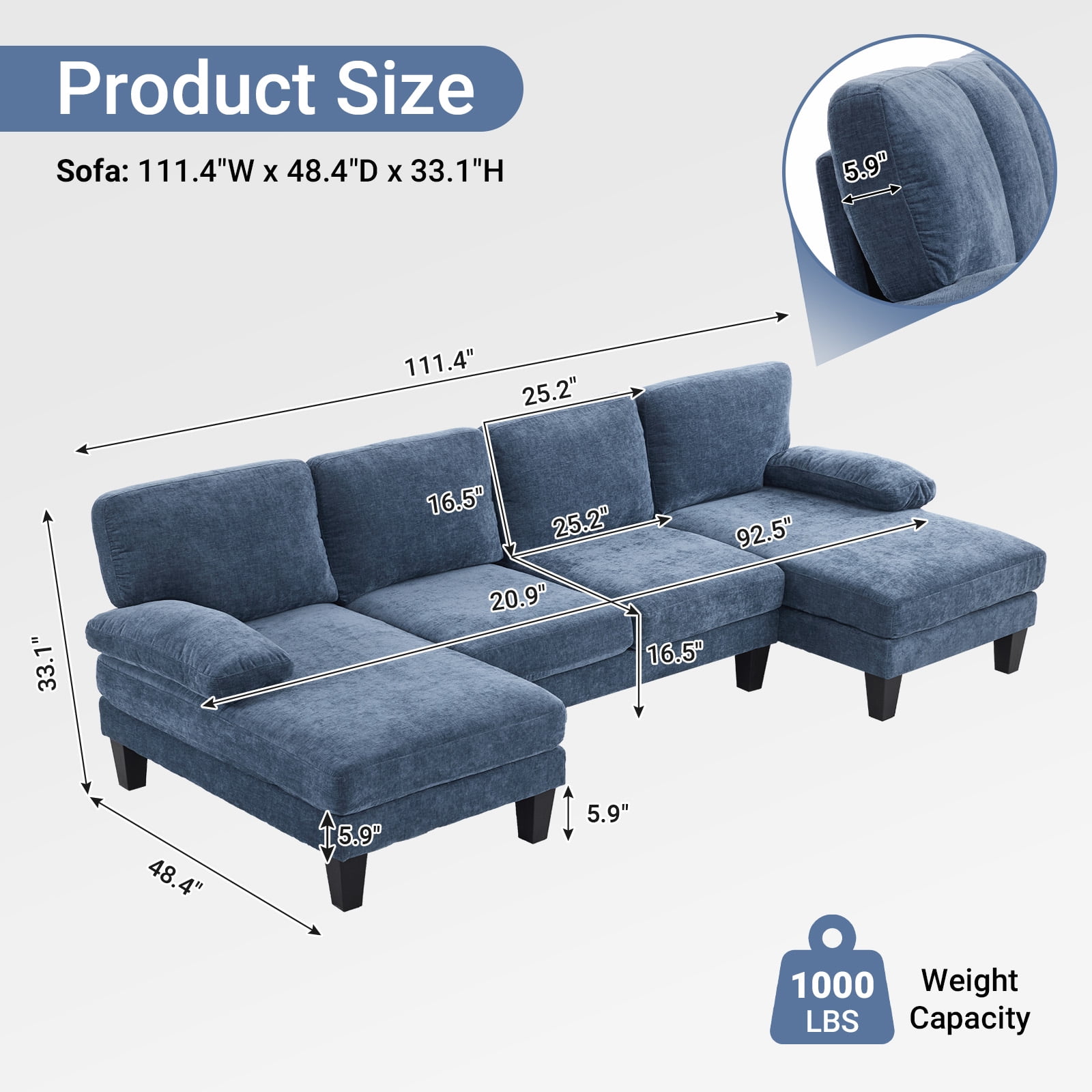 Ktaxon U-Shaped Sectional Sofa, 111"  Chenille Couch, 4 Seat Lounge Sleeper with Double Chaise for Living Room Blue