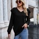 thumbnail image 5 of Camiseta holgada informal de manga larga con cuello en V y volantes (negro), 5 of 6