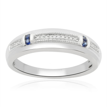 1/20 Carat T.W. Diamond and Blue Sapphire Sterling Silver Men's Ring