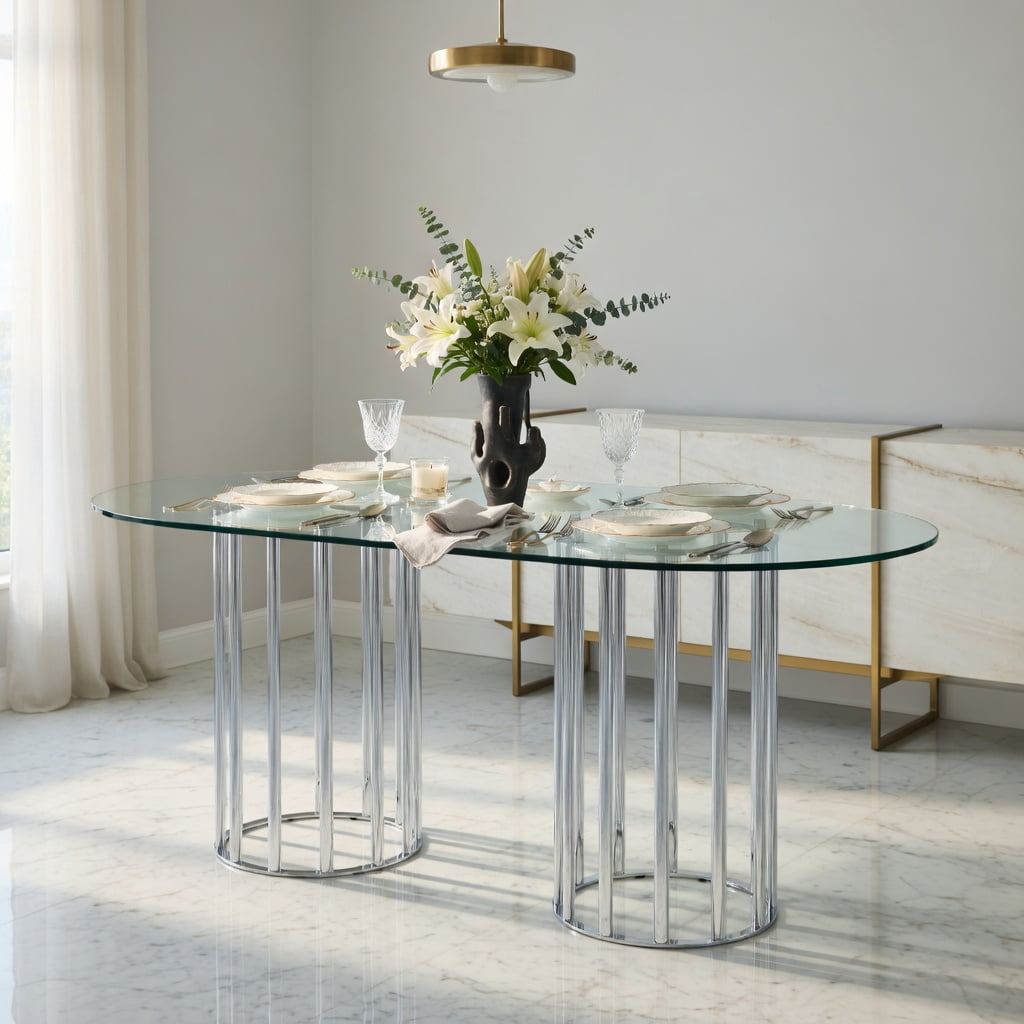 Hommoo 71 Inch Oval Tempered Glass Dining Table with Silver Double Column Base, Light Luxury Modern Design for 6-8 People, Scratch-Resistant & Easy-Clean Glass Top, Silver