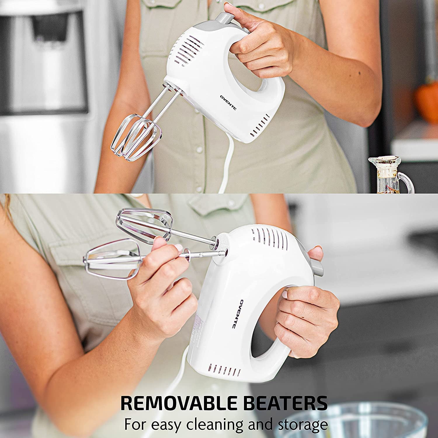 5-Speed Electric Hand Mixer with Stainless Steel Mixing Whisk, Snap-On Storage Case, Portable & Lightweight 150W Motor, Compact Handheld for Baking, Blending or Cooking, White HM151W