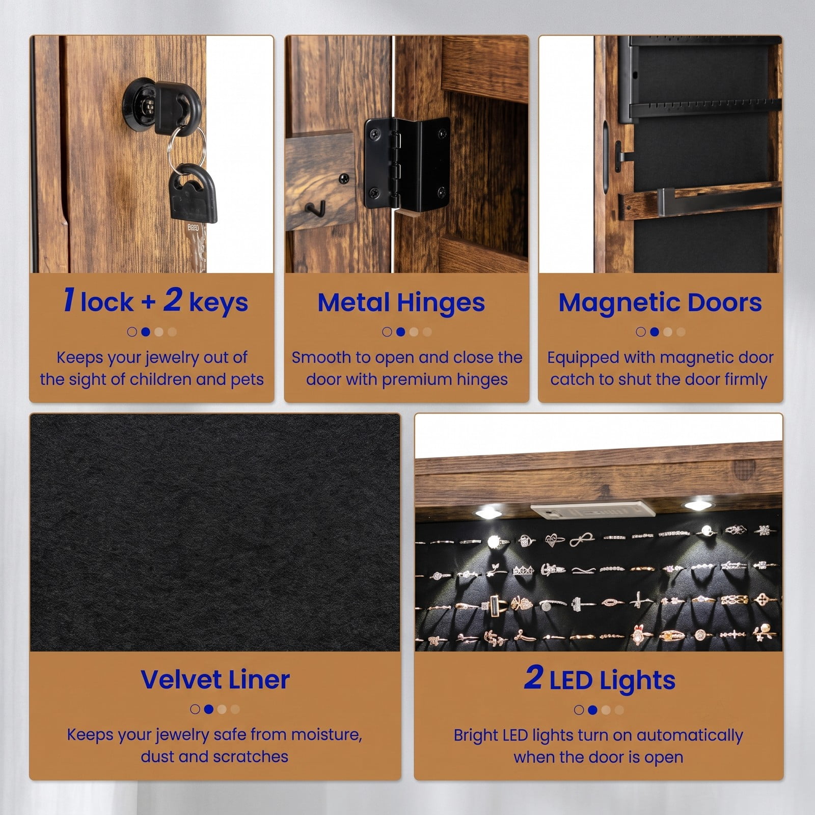 Furnibear Lockable Wall and Door Mounted Jewelry Cabinet with Full-Length Mirror and LED Lights for Bedroom Ring and Necklace Storage, Rustic Brown