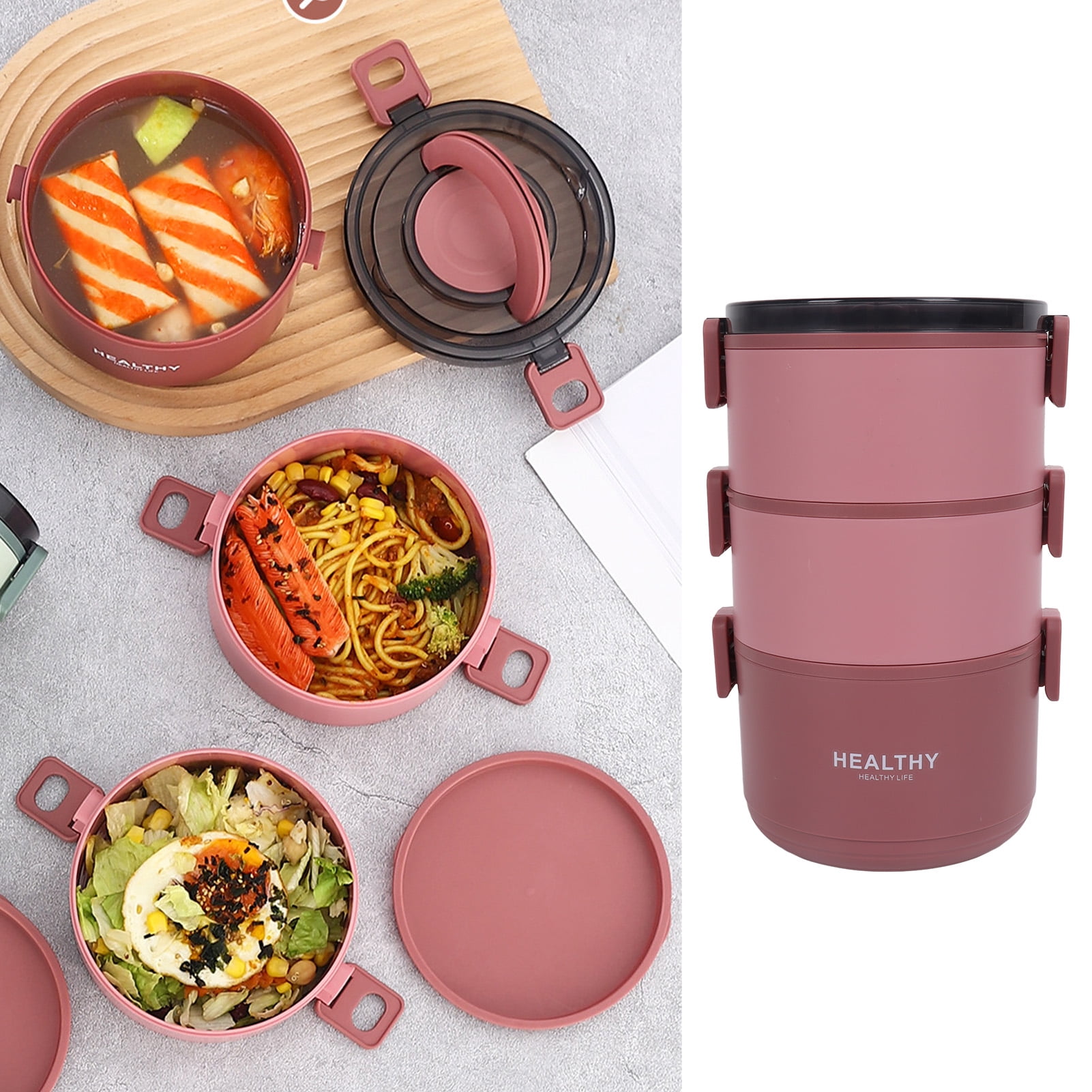 NFTIGB 2200ml Three Layer Stackable Round Bento Lunch Box Portable Thermal Food Container, Red