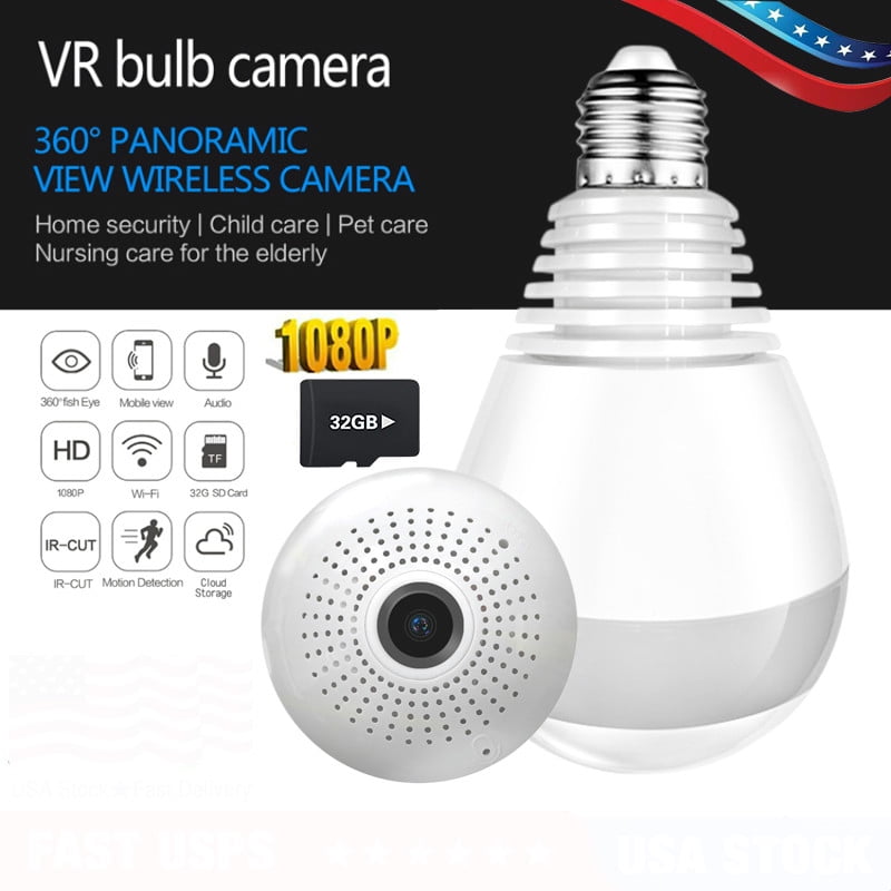 Include 32GB Card Wireless 360 Degree Panoramic IP Camera 2MP LED Light Camera Lamp Indoor/Outdoor Home Surveillance Cameras,Motion Detection/Night Vision/Alarm for All Devices WiFi Bulb Security Camera 1080P HD