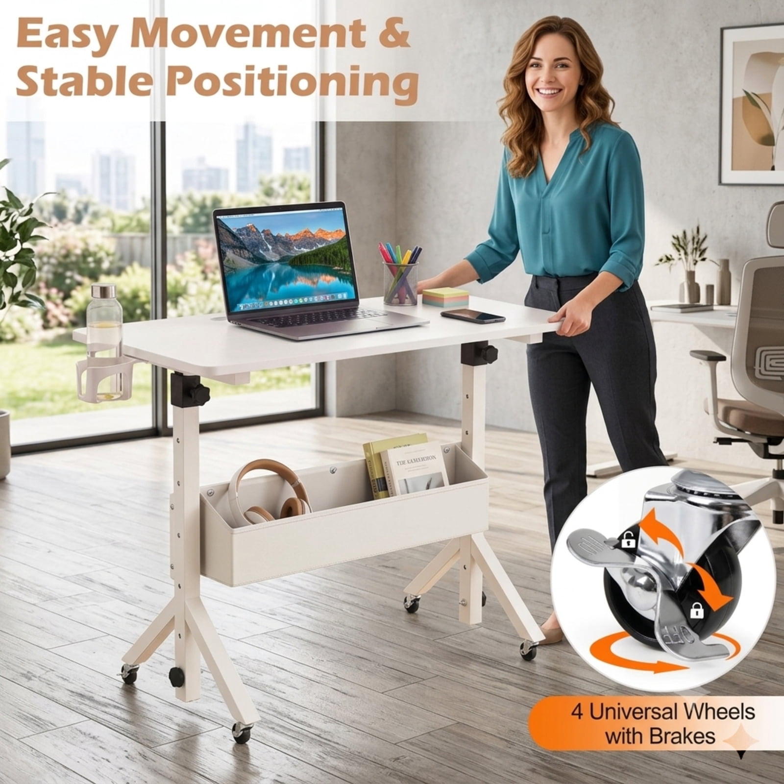 Furnibear Mobile Standing Desk and Height Adjustable Rolling Laptop Desk with Cup Holder Storage Basket and Locking Casters for Small Spaces, White