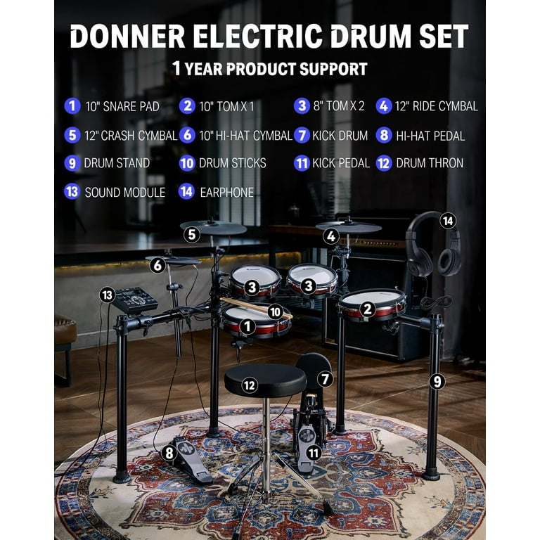 Donner DED-200 MAX Electric Drum Set for Adults, 450+ Sounds, Mesh