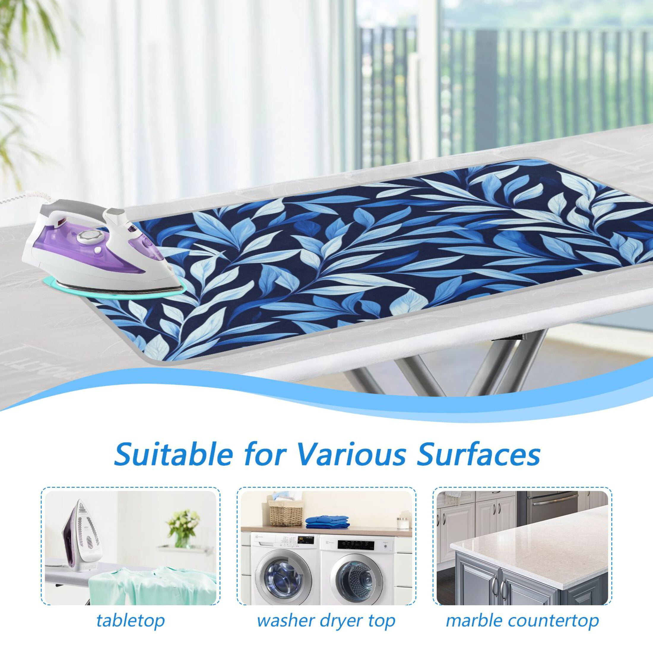 Minimalist Blue Leaf Blackground Ironing Mat Blanket for Table Top Travel Portable Ironing Board Pad 47.2x27.6 Inch