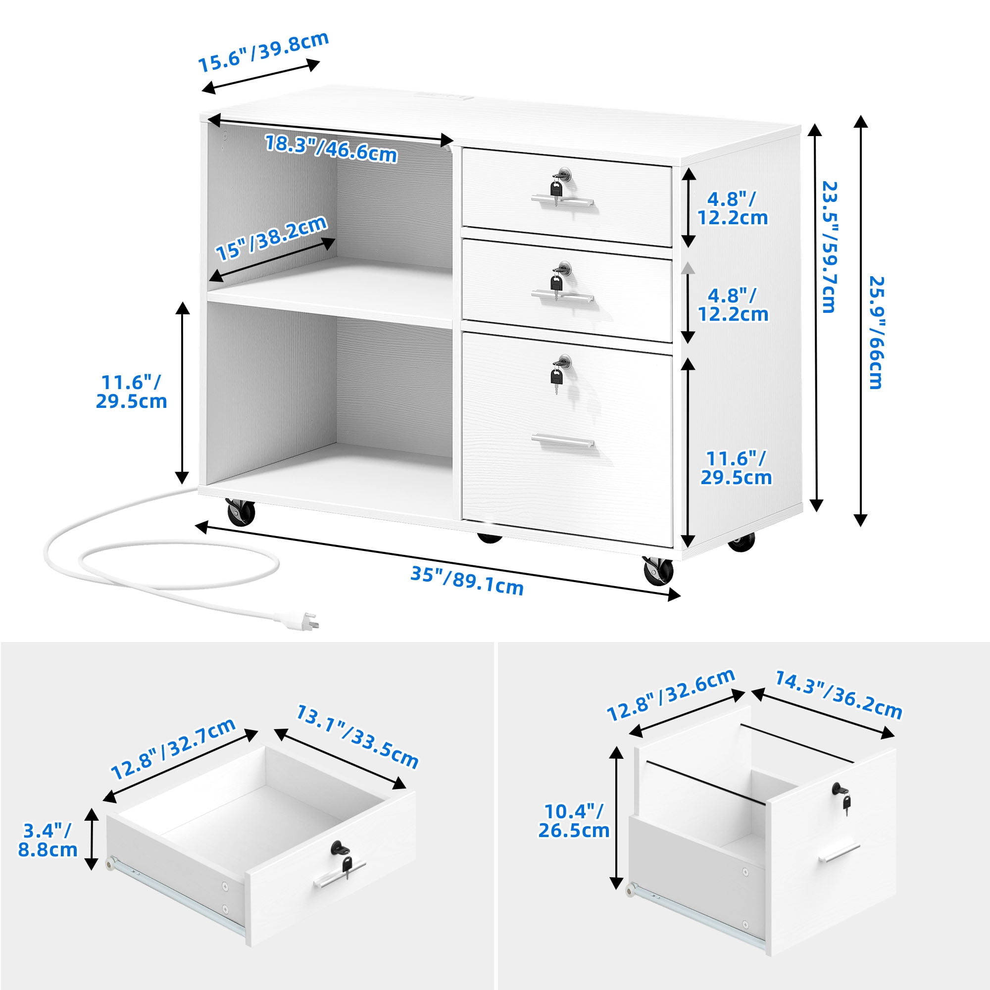 Dextrus 3 Drawer File Cabinet with Charging Station and Lock, Mobile Lateral Filing Cabinet Rolling Printer Stand for Office, White