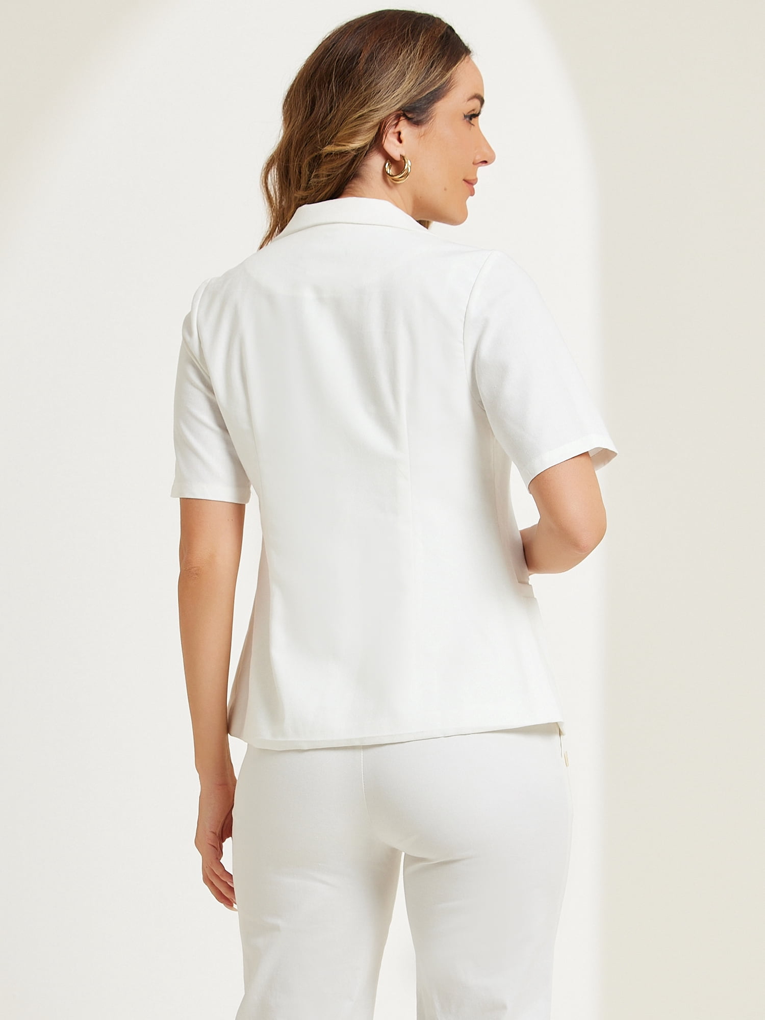 DARING DIVA Women's Cotton Linen Short Sleeve Blazer for Work Office XS White