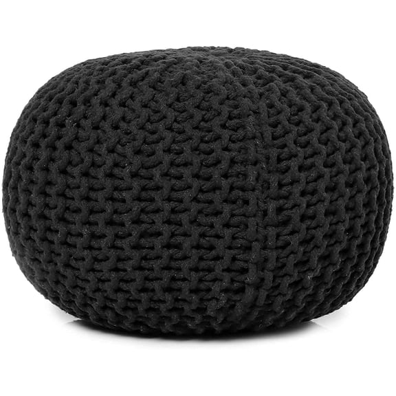 REDEARTH Round Pouf Foot Stool Ottoman - Hand Knitted Bean Bag - Cord Boho Pouffe - Cable Poof Footrest for Living Room - Nursery - Bedroom - Patio - 100% Cotton - Home Decor (19.5"x19.5"x14") -Black