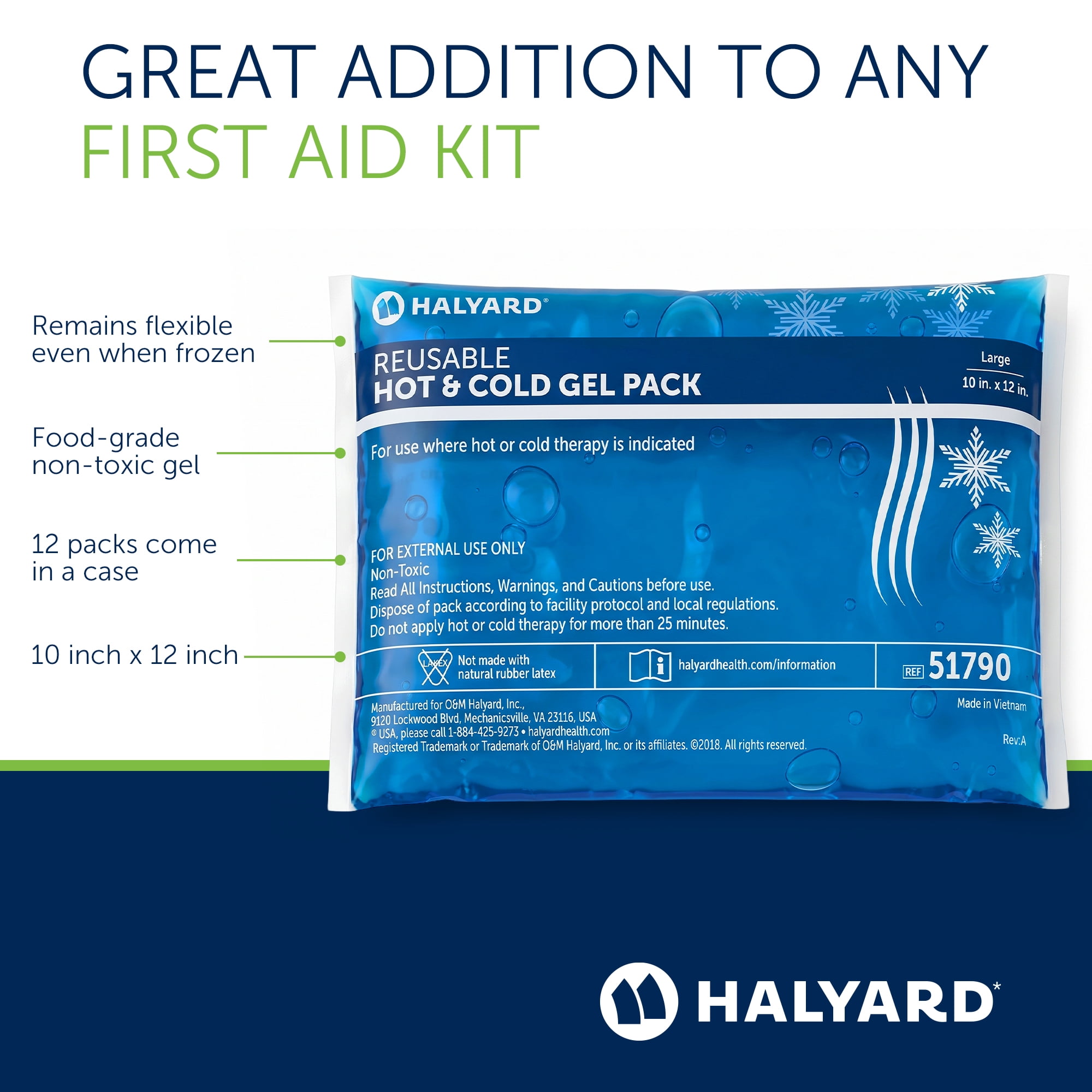 HALYARD Reusable Hot and Cold Gel Compression Packs for Injuries Pain Relief Swelling 10 x 12 Inches, Case of 12 - 51790