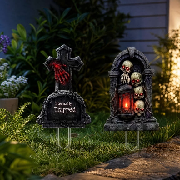 Halloween Solar Eternally Trapped Tombstone Garden Stake Light, 2Pcs Artificial Tombstone Set, Acrylic Ground Stake Light Decor, Halloween Decorations for Outdoor Yard Lawn Pathway Holiday