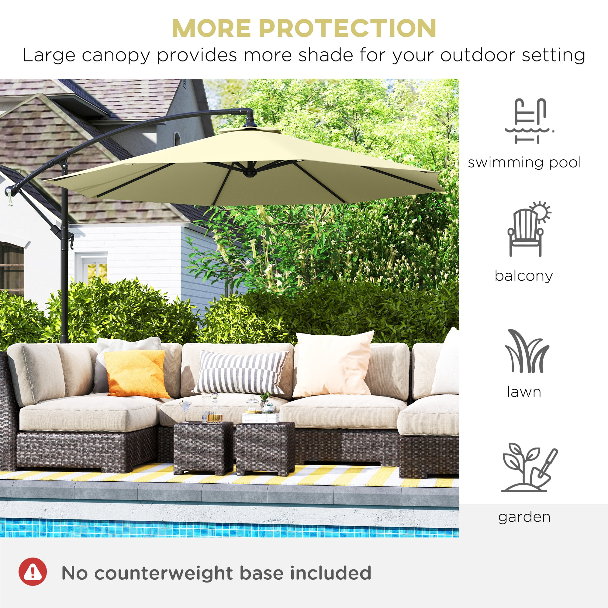 Outsunny 10' Cantilever Hanging Tilt Offset Patio Umbrella with UV & Water Fighting Material and Cross Base (Weight Not Included), Beige