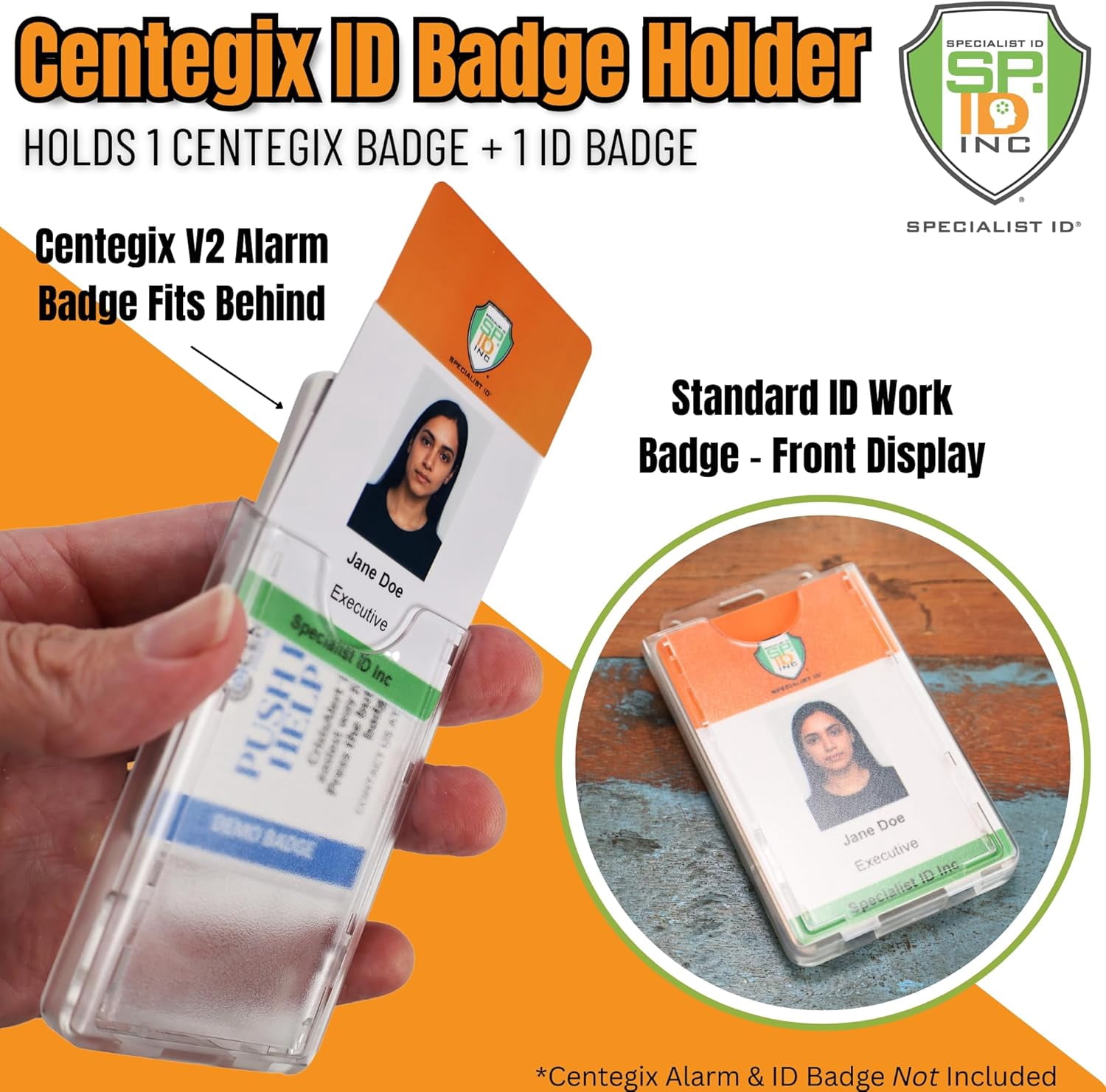 20 Pack - Centegix Badge Holder with Hole for Teachers - Holds 1 School ID & 1 Centegix V2 CrisisAlert Alarm Badge - Heavy Duty Polycarbonate Clear Vertical Display, Recessed Hole by Specialist ID