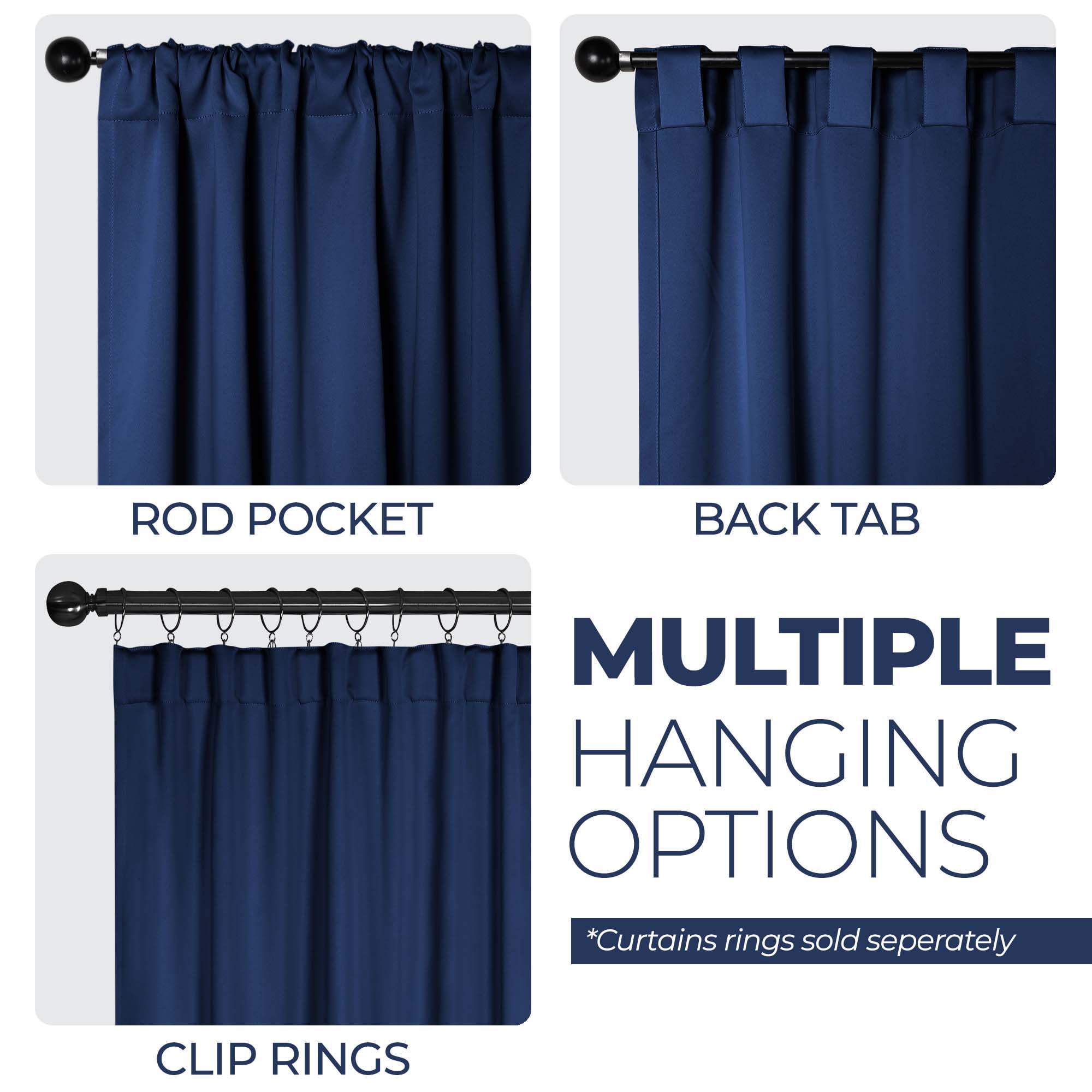 Superior Blackout Solid Light Filtering Back Tab Curtain Panel Set, 42" x 96", Navy Blue