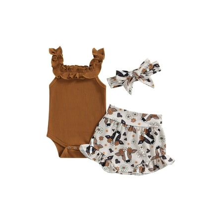 

Western 2pcs Newborn Baby Girl Shorts Set Sleeveless Romper Tops + Cow Print Shorts + Hairband
