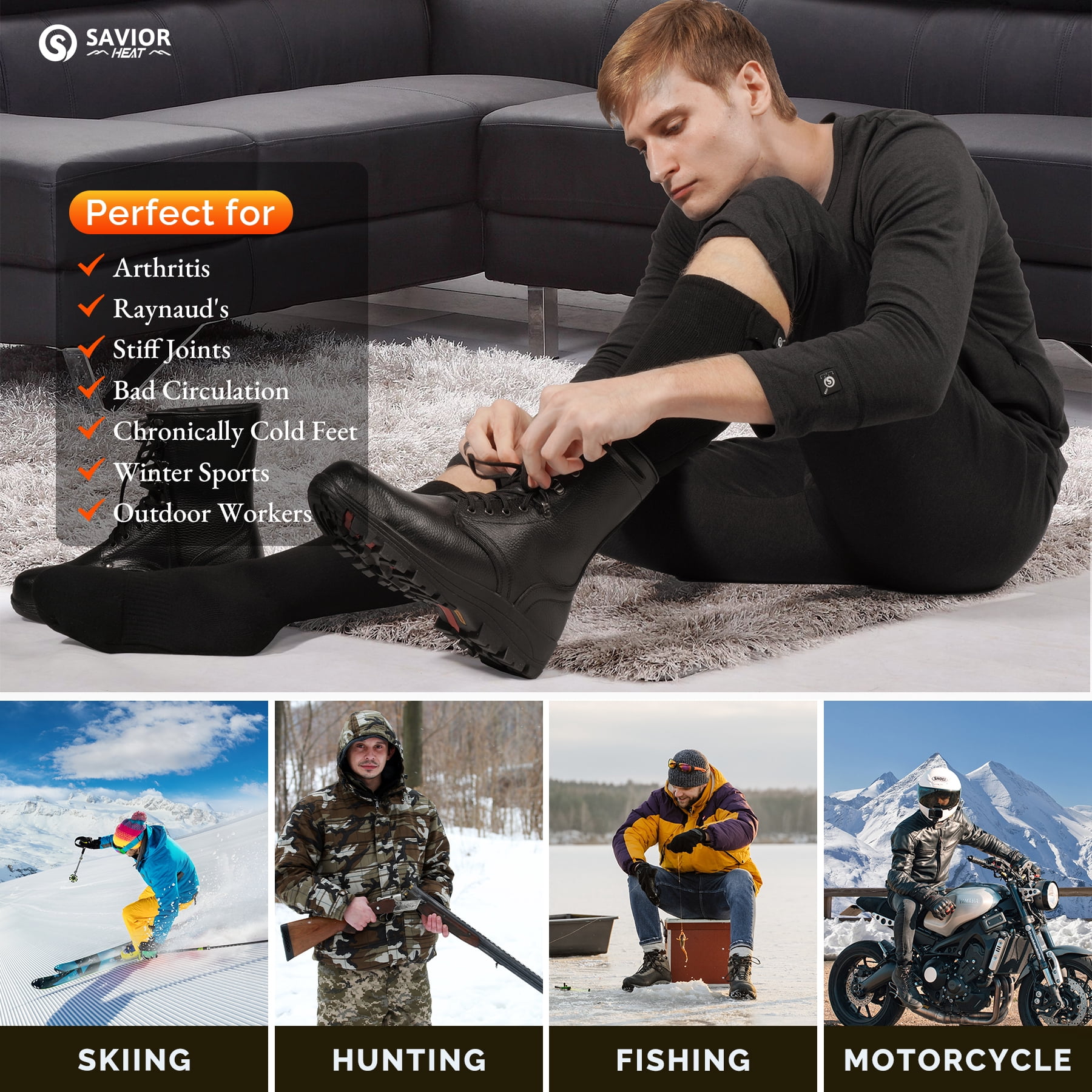 SAVIOR HEAT Heated Socks for Men Women, 150℉ Fast Heating Electric Ski Socks, 7.4V 2200mAh Rechargeable Battery Powered, Carbon Fiber Toe Warmers for Skiing Hunting Fishing Outdoor Work