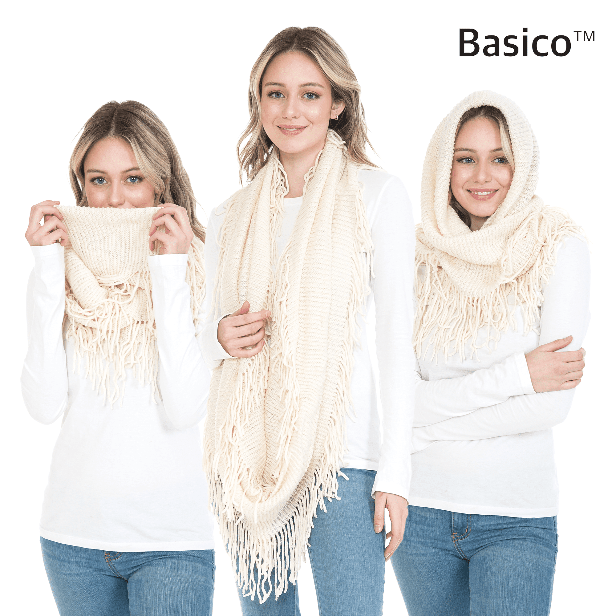 Basico Knit Infinity Scarf | Winter Scarf for Women | Black Plaid Ivory Scarves Set