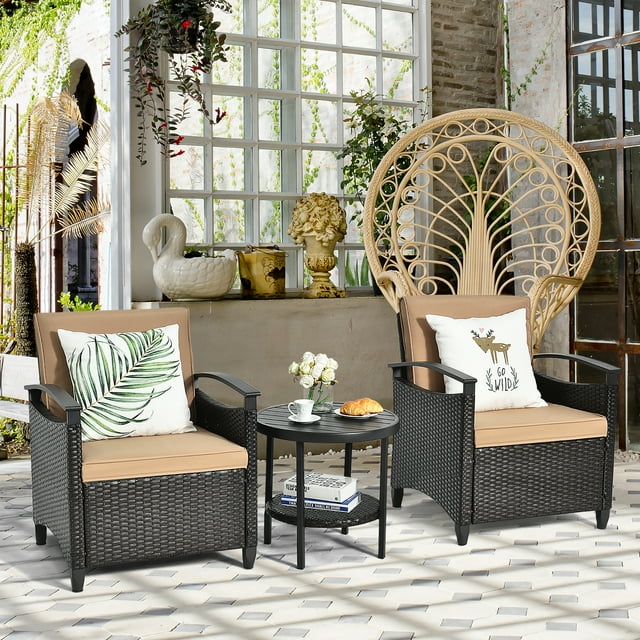 Costway Ensemble de Mobilier de Terrasse en Rotin 3 Pcs Canapé Coussiné Table de Rangement avec Tablette Jardin