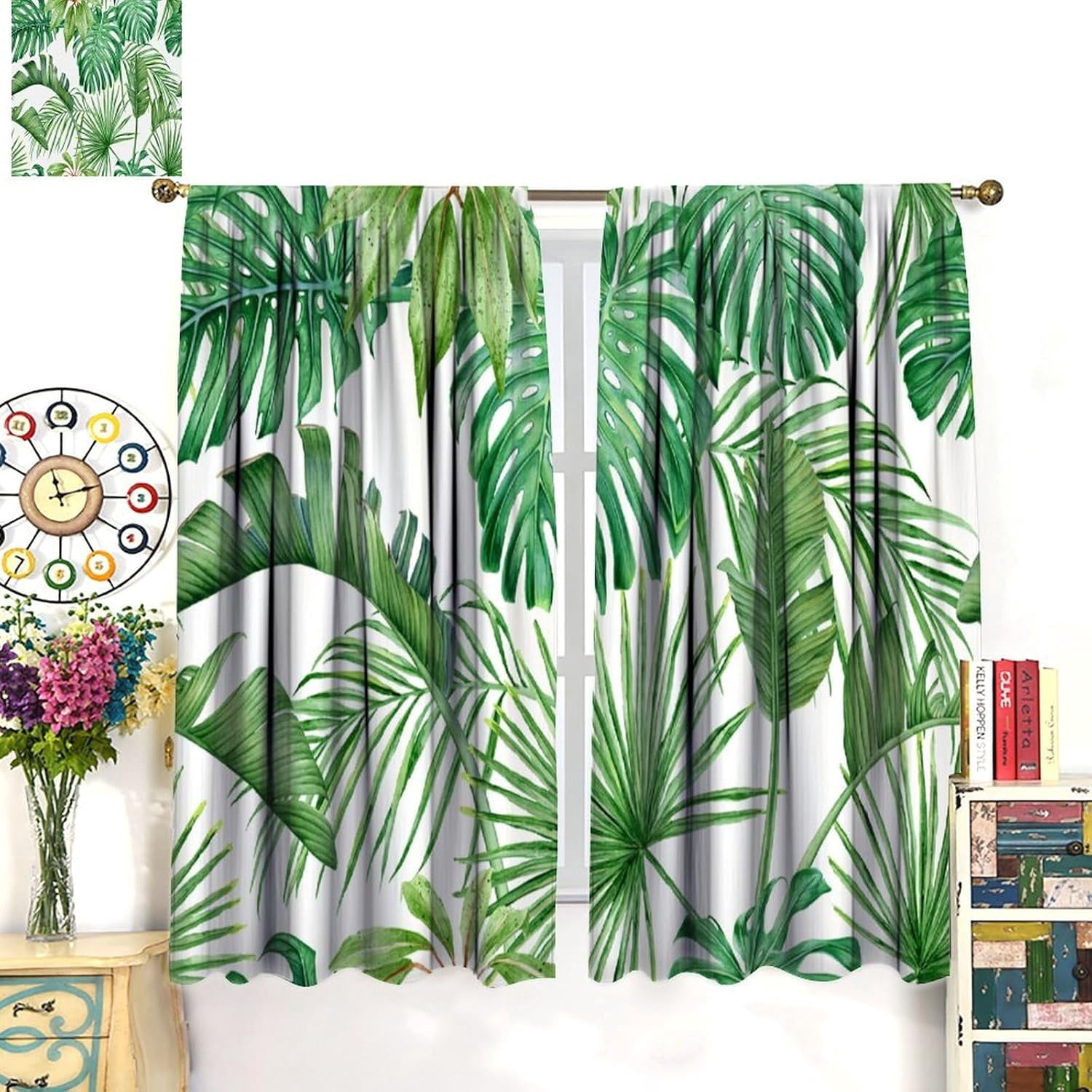 Tropical Green Plant Curtain Botanical Banana Leaf Palm Tree Blackout Print Rod Pocket Window Drapes for Bedroom Living Room 52x84in