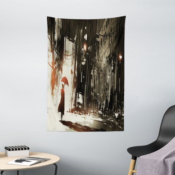Fantasy Tapestry, Woman with Umbrella in Rain Old Town Ruins Apocalypse Superhero Action Desgin, Wall Hanging for Bedroom Living Room Dorm Decor, 40W X 60L Inches, Army Green Beige, by Ambesonne