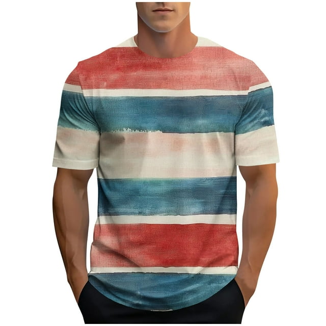 WRKEKC Chemises à Manches Courtes pour Hommes Mode Décontractée Imprimé Rayé T-Shirt Athlétique Manches Courtes Col Rond Haut Graphique Confortable