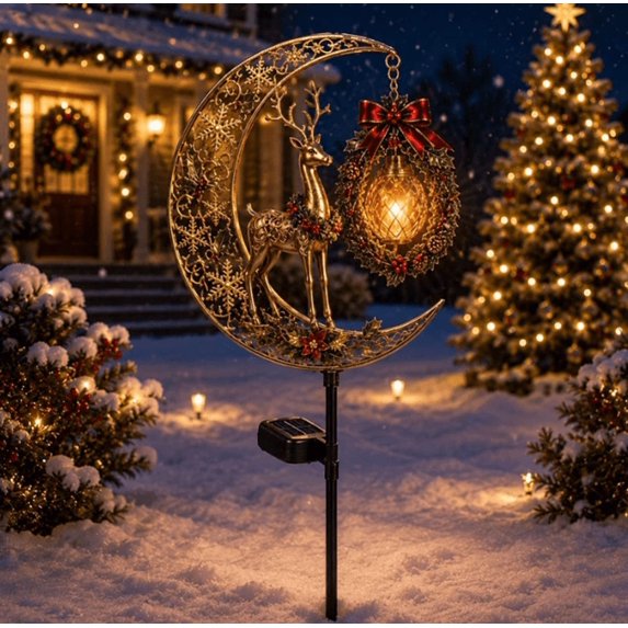 Christmas Reindeer & Moon Solar Garden Stake Light, Magical Holiday Ambience with Warm White Illumination for Creating a Welcoming Entryway