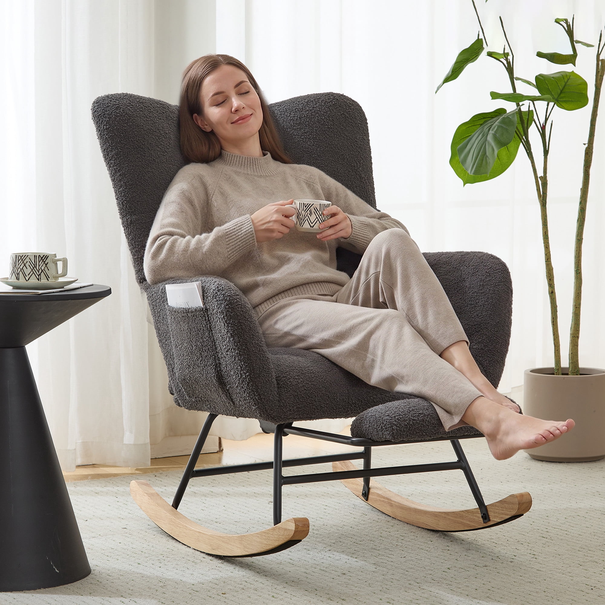 Leumius Nursery Rocking Chair with Footrest,Teddy Fabric Upholstered Glider Rocker Chair with High Backrest,Side Storage Pocket & Solid Wood Legs,Comfy Accent Chair for Living Room Bedroom,Gray
