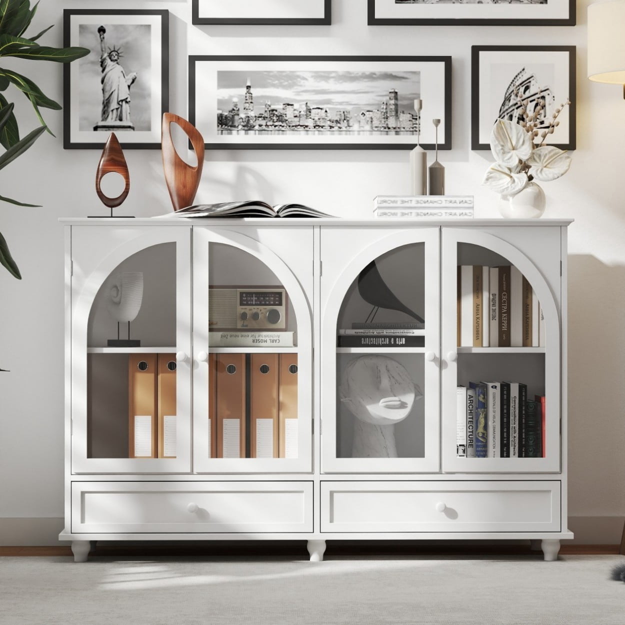 White Arched Glass Sideboard Cabinet, Buffet Storage Cabinet with 4 Glass Doors & 2 Drawers, Adjustable Shelf Credenza for Kitchen Dining Room Living Room