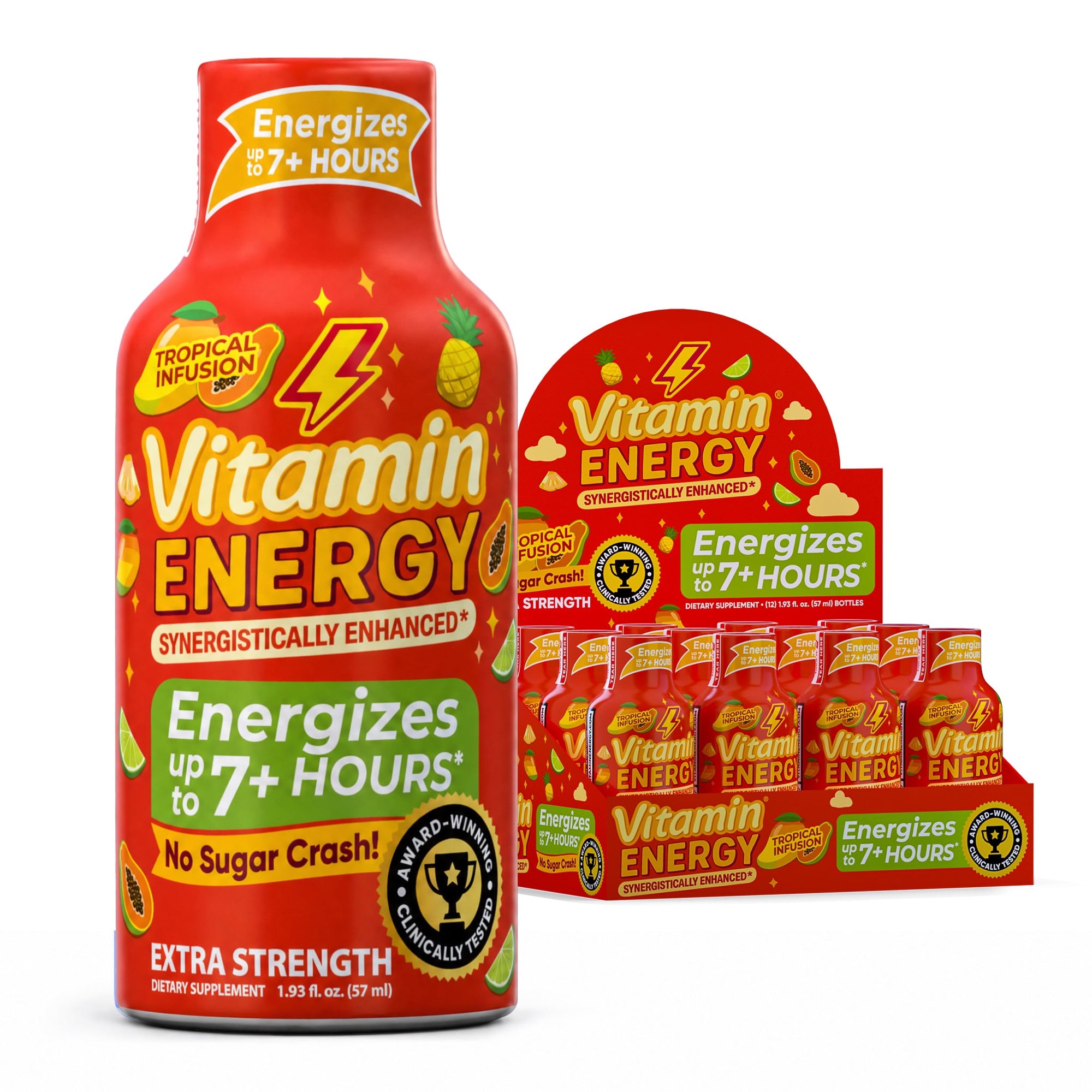 Vitamin Energy Tropical Infusion Extra Strength Energy Shot, 12 Pack - 260mg Natural Caffeine, BCAAs + CoQ10, Focus, Zero Sugar, 1.93 fl oz