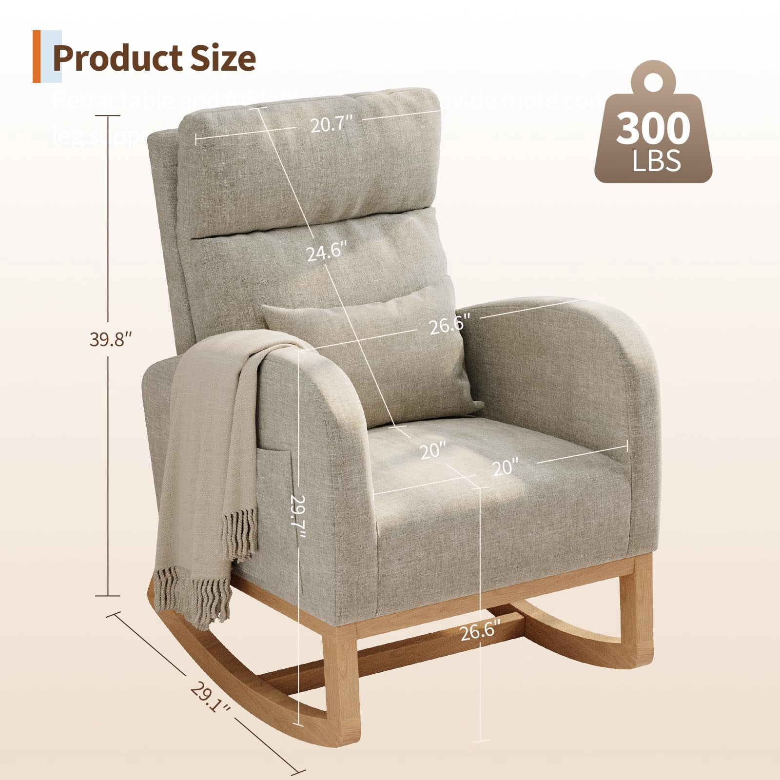 Rocking Chair, Modern Glider Chair, Recliner Armchair with Wood Legs and Side Pocket, Nursery Rocking Accent Chair with High Back for Living Room Bedroom