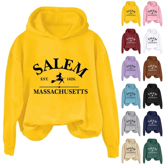 Helii Hoodie Women Halloween Graphic Sweatshirt Oversized Long Sleeve Fall Winter Pullover Retro Vintage Salem Witch Print Lightweight Warm Soft Loose Cozy Casual Trendy Tops 12 Colors